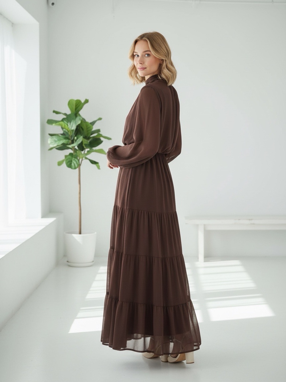 Commense Chiffon Bow Long Sleeve Maxi Dress - Picture 7 of 15